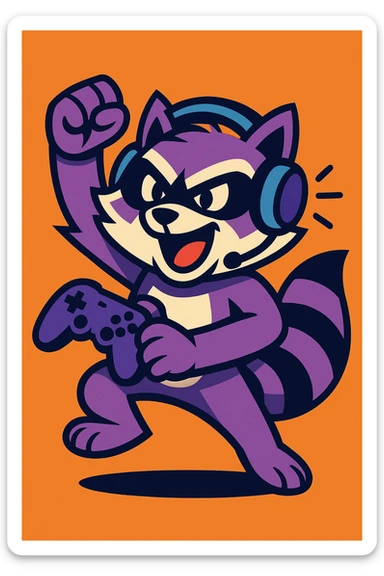 raccoon character inspired by Twitch Champion, energetic pose, bold colors, gaming mascot vibe sticker