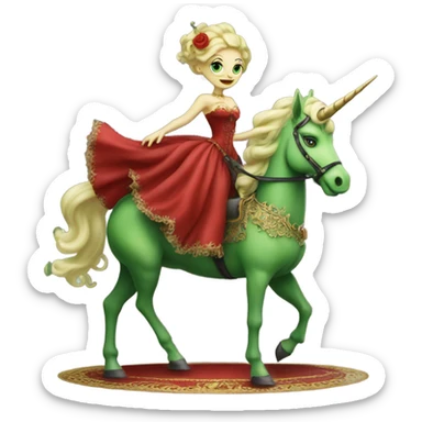 "galora green blonde alien woman" in red Victorian elegant dress, full body, rides unicorn gold
NO WOKE
 sticker