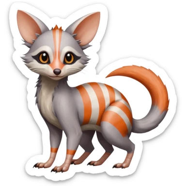 Minccino-Opossum-Trico-Numbat-Lykoi-Sphynx-Zangoose-fusion-hybrid-animal-Fakémon-creature, full body, thin long sleek scaly tail, intricate markings sticker