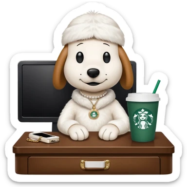 snoopy in a desk with starbucks and his chanel purse sticker