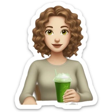 White girl with brown wavy hair drinking iced matcha latte with green eyes sticker
