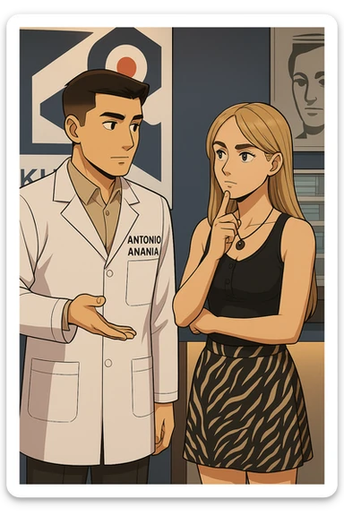 fai un webtoon/manga a colori con questo kinesiologo in camice bianco (fagli la scritta "ANTONIO ANANIA" SUL CAMICE) CHE PARLA CON QUESTA RAGAZZA CON GLI OCCHI AZZURRI. la ragazza HA UN DITO SUL MENTO MENTRE PENSIEROSA gli fa una domanda e IL KINESIOLOGO CON IL CAMICE BIANCO LE risponde. NON FARE I FUMETTI, FAI SOLO LORO COME SE DIALOGASSERO sticker