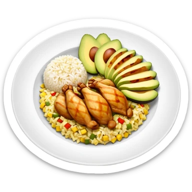plato con pollo asado en tiras, arroz blanco, rodajas de aguacate y maíz amarillo, vista desde arriba, fondo blanco, estilo simple. sticker