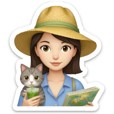 a brunette woman in here 30S drinking an iced matcha, carrying a grey cat and a map of the world sticker