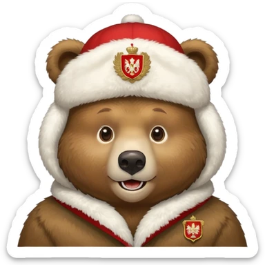 Russian brown bear wearing a white furry ushanka hat with Russian coat of arms emblem in the center, front view, iOS emoji style sticker