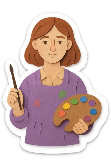 Serene female oil painter, Caucasian features, shoulder-length auburn hair, soft brown eyes, gentle smile, wearing a violet painter’s smock lightly stained with paint over a beige blouse, holding a wooden palette with vibrant colors in one hand and a brush in the other, waist-up, front-facing sticker