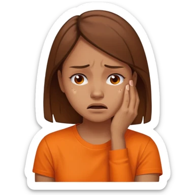 25 year old woman in orange shirt, she looks like she is in pain. She has brown hair sticker