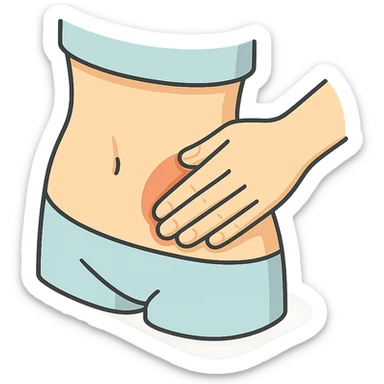 close-up detailed illustration of a human abdomen being palpated by fingers, with shadows and highlights, 2D isometric style, soft rounded shapes, clean contours, pastel palette, modern illustration, transparent background sticker