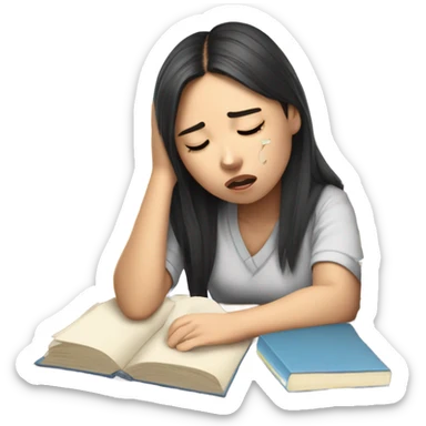 tired asian girl student struggling with final exam and assignments sticker