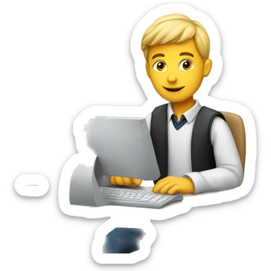 European schoolboy working at computer sticker