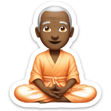 an old yogi with a peaceful and meditative expression. The character should be wearing an orange robe, symbolizing traditional yogic attire. The yogi can be sitting in a lotus position with closed eyes, a gentle smile, and a serene aura. sticker
