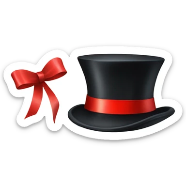 A black top hat displaying a red ribbon around the base. The ribbon forms a visible bow at the front, with the ends falling slightly over  sticker