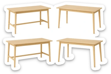 Create multiple variations of a rectangle wooden table with light wood in Scandinavian style, no background, highlighting simplicity, functionality, and natural elements. sticker