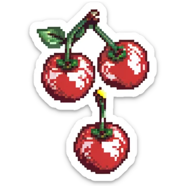 Pixel art of two shiny red cherries with green stem sticker