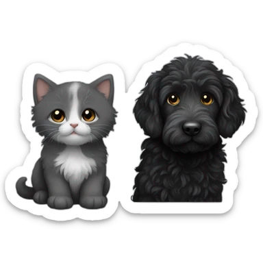 All Black labradoodle and a single white and grey kitten sticker