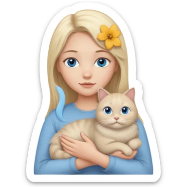 blonde girl with long blonde hair and blue eyes with chubby gray cat sticker