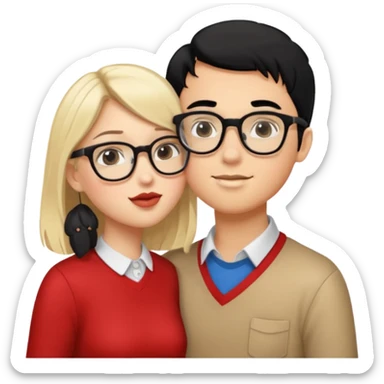 pretty light blonde girl barbie kissing nerd boy with black hair and tan skin on the cheek sticker