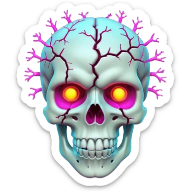 3D skull with cracked open brain glowing neon inside, dark phonk vibe, intense attitude sticker