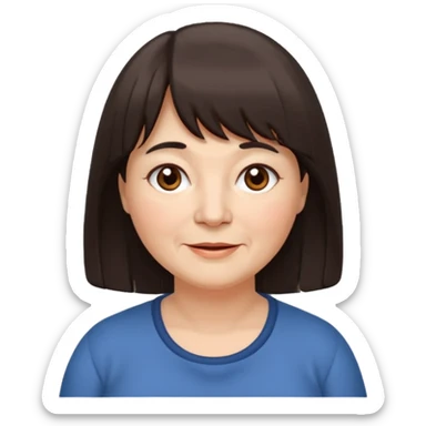 60 yr old woman, long hair to waist, very small brown eyes, long hair, straight dark brown hair, bangs, chubby, long face, very tired but happy sticker
