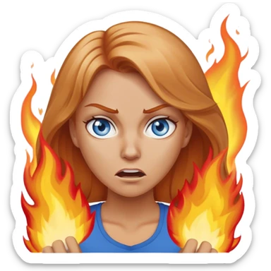 white woman with below shoulder length strawberry blond hair and blue eyes angrily setting fires sticker