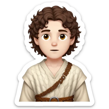 Medieval spring outfit worn by a DnD themed fantasy male character. Natural undyed wool tunic with subtle honeycomb pattern weaving, secured by a braided leather belt with bone toggles. Clothes only above the waist, full waist coverage. The character has no arms. Character is white-skinned with rich brown hair, amber eyes, and short curly hair with a slight windswept look. sticker