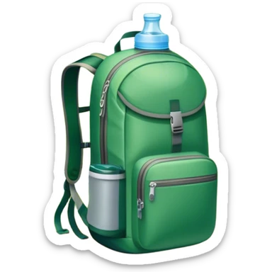 Icon for Ecotourism: a lightweight hiking backpack with a reusable water bottle, placed against a backdrop of lush green nature, with trees and a scenic trail. The icon should represent eco-friendly travel and the beauty of the outdoors. Transparent background. sticker