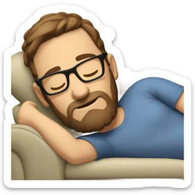 Caucasian man with brown hair, beard and glasses napping on a couch sticker