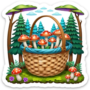 Basket with Psychedelic mushrooms and forest objects sticker