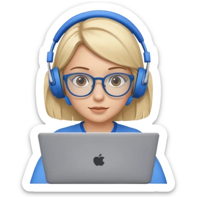 create a blonde hair women with brown eyes, blue glasses and blue headphones working on a laptop wearing a brown top. sticker