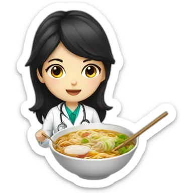 doctor girl with dark hair eating ramen bowl sticker