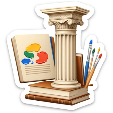 An icon featuring a paint palette, a sculpture, and a book, symbolizing the study of culture and art. The design includes a classical column and a canvas, representing art history and cultural exploration. Transparent background highlights the connection between creativity and history. sticker