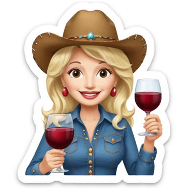 Dolly Parton with a huge glass of wine on a bachelorette trip and a cowboy hat sticker