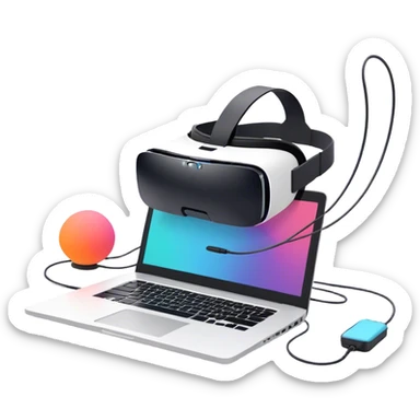 VR headset lying next to a laptop, connected by wires. On the laptop screen, a VR/AR modeling program is open. Floating 3D models or virtual objects. Modern, tech-inspired colors. No emojis or smiley faces. Transparent background sticker
