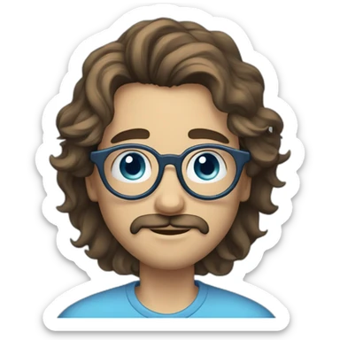 30 years old guy, with round glasses, blue eyes, long wavy hair, moustache circular glasses sticker