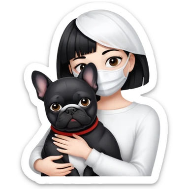 girl with short black straight bangs hair wearing a white mask and hugging a black French bulldog sticker