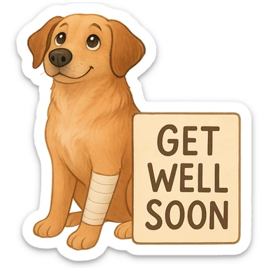 Add a 'get well soon' sign next to the dog. Keep the background transparent. sticker
