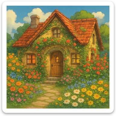 cozy cottage with flowers in ghibli style, charming, detailed sticker