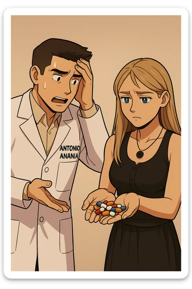 fai un webtoon/manga a colori con questo kinesiologo in camice bianco (fagli la scritta "ANTONIO ANANIA" SUL CAMICE) CHE PARLA CON QUESTA RAGAZZA CON GLI OCCHI AZZURRI. LA RAGAZZA HA UN PUGNO DI INTEGRATORI IN MANO (TANTE PILLOLE DIVERSE) E LE GUARDA DUBBIOSA. IL KINESIOLOGO CON IL CAMICE BIANCO SI TIENE UNA MANO SULLA FRONTE SCONFORTATO MENTRE LE DICE CHE STA SBAGLIANDO A PRENDERE TUTTI QUEGLI INTEGRATORI. NON FARE I FUMETTI, FAI SOLO LORO COME SE DIALOGASSERO sticker