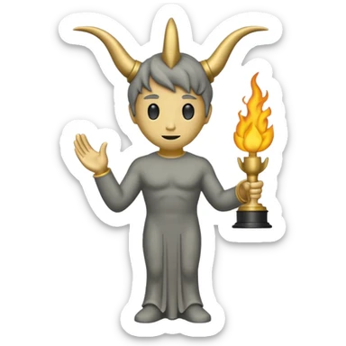 Minimalist emoji-style sticker of a full-body Oscar-like statue in matte gray-gold, with small horns  and faint flames at the base, all in black and muted hues sticker