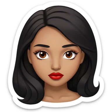 Woman, light brown skin, black long hair, medium arched eyebrows, brown eyes, full lashes, and red lips sticker