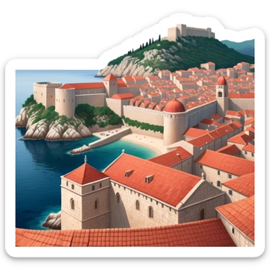 Cinematic Realistic Dubrovnik Landmark Emoji, depicted with historic fortified walls and red‚Äêtiled roofs rendered with intricate detail and dynamic, coastal lighting. sticker