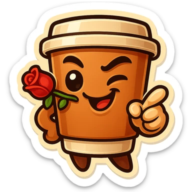 Tall coffee cup, rose in mouth, wiggle eyebrow, smirk, pointing at viewer sticker