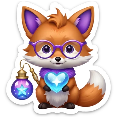 A small magical fox with shimmering purple and blue fur, a glowing fluffy tail, a silver star on its forehead, and round glasses, holding a tiny magical lantern, with heart-shaped eyes, looking in love. 🦊😍 sticker