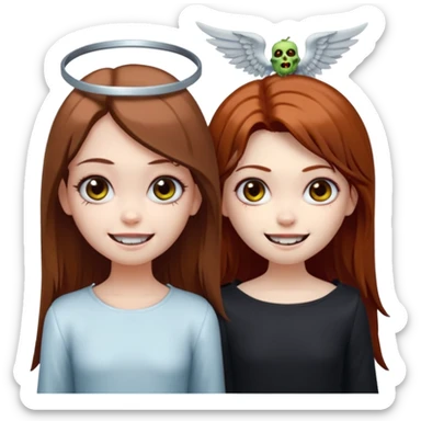 девушка ангел с нимбом и крыльями, с рыжими прямыми волосами по плечи, с улыбкой, стоит рядом с девушка зомби с темными длинными прямыми золосами, со злым выражением лица и ровными белыми зубами в стиле Apple avatar sticker