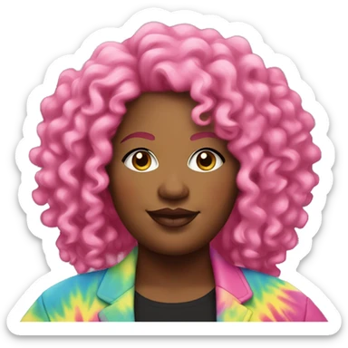 Plus size black woman with pink curly hair and a tie dye jacket  sticker