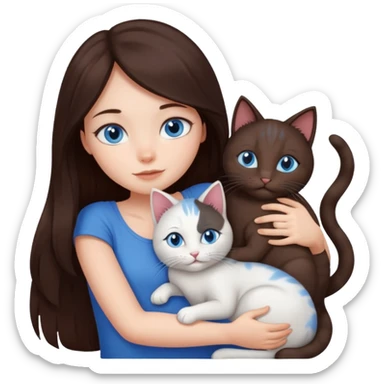 a girl with long dark 
brown hair, with blue eyes, hugs 3 different natural coloured cats sticker