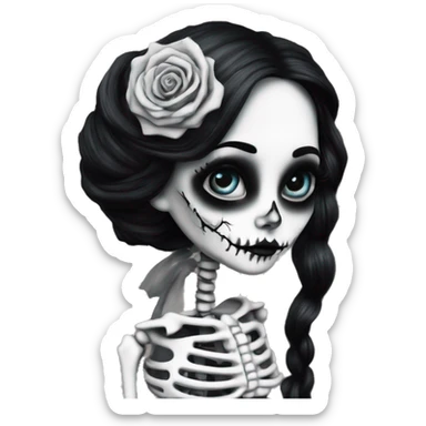 hyper realism, full height skeleton, tim burton "corpse bride", thin porcelain doll with a cracked face, goth makeup watery eyes, long hair, lace and ruffles, lolita style, inked, black and white, red roses sticker