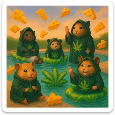 A group of hamsters at a pool party with a cult-like vibe, wearing robes with THC leaf symbols, surrounded by floating cheese slices and weed-themed pool inflatables, playful and surreal. sticker