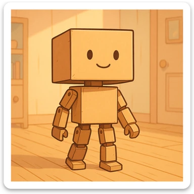 cartoonish cardboard robot with square head, simple drawn face, jointed limbs, standing in a warm, softly lit room with wooden floor, pastel colors, clean lines, nostalgic and cozy sticker