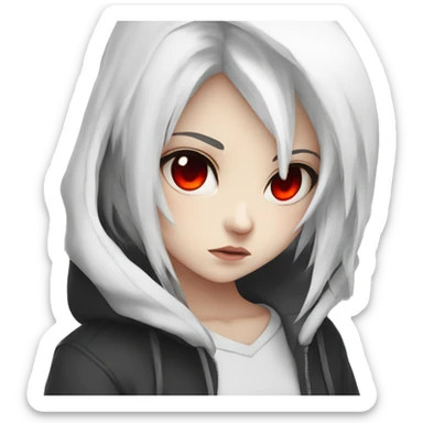 angry white-haired gamer girl with red eyes in a black hoodie, anime style sticker